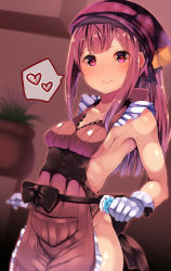 Rule 34 | 1girl, alternate costume, apron, atsutoku, blush, breasts, collarbone, gloves, heart, heart-shaped pupils, highres, kamikaze (kancolle), kantai collection, long hair, naked apron, purple apron, purple eyes, purple hair, small breasts, solo, spoken heart, symbol-shaped pupils, white gloves