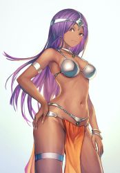 Rule 34 | 1girl, anbe yoshirou, armlet, bare shoulders, bracelet, breasts, choker, circlet, closed mouth, commentary request, dark-skinned female, dark skin, dragon quest, dragon quest iv, earrings, fingernails, gem, gradient background, hand on own hip, highres, jewelry, light smile, lips, long hair, looking at viewer, manya (dq4), medium breasts, navel, parted bangs, pelvic curtain, purple hair, red eyes, simple background, solo, stomach, thigh strap, white background