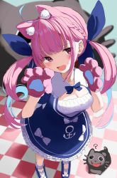 Rule 34 | 1girl, absurdres, ahoge, anchor print, anchor symbol, animal ear fluff, animal ears, animal hands, blue bow, blue dress, blue footwear, blue hair, blue ribbon, blunt bangs, blush, bow, braid, breasts, cat ears, cat girl, cat paws, checkered floor, cleavage, collar, colored inner hair, dress, drill hair, frilled dress, frills, from above, full body, hair bow, hair ribbon, hands up, highres, hololive, long hair, looking at viewer, maid, medium breasts, minato aqua, minato aqua (1st costume), multicolored hair, neko (minato aqua), open mouth, osisikun, pink eyes, pink hair, ribbon, short sleeves, sidelocks, solo, standing, streaked hair, twin drills, twintails, two-tone hair, virtual youtuber, white collar