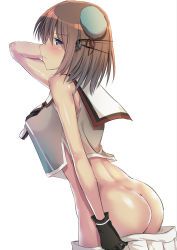 Rule 34 | 10s, 1girl, arm up, ass, bare arms, blue eyes, blush, brown hair, butt crack, crop top, crop top overhang, gloves, hair ornament, kantai collection, maya (kancolle), maya kai ni (kancolle), no panties, pleated skirt, short hair, sideways glance, simple background, skirt, solo, tai (nazutai), undressing
