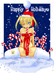 Rule 34 | 1girl, ;p, arms behind back, blonde hair, blue eyes, blush, bow, breasts, candy, candy cane, christmas, collarbone, dark sky, english text, facial mark, facing viewer, food, genderswap, genderswap (mtf), hair between eyes, happy, hat, kerry shyver, licking, long hair, looking at viewer, medium breasts, naked ribbon, naruko (naruto), naruto, naruto (series), night, night sky, nipples, no bra, no panties, note, nude, one eye closed, outdoors, pole, red bow, red ribbon, ribbon, santa hat, sitting, sky, smile, snow, snowing, solo, spread legs, tape, thighhighs, tongue, tongue out, twintails, uzumaki naruto, whisker markings, whiskers, white thighhighs, wink, winter