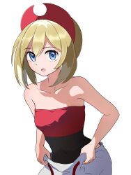 Rule 34 | 1girl, :o, absurdres, bare arms, blonde hair, blue eyes, collarbone, commentary request, creatures (company), eyelashes, game freak, hairband, highres, irida (pokemon), looking at viewer, medium hair, mikan (mikan no happa), nintendo, open mouth, pokemon, pokemon legends: arceus, red hairband, red shirt, shirt, shorts, simple background, solo, strapless, strapless shirt, white background