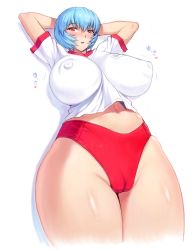 Rule 34 | 1girl, alternate breast size, arms up, ayanami rei, bad id, bad twitter id, blue hair, blush, breasts, buruma, cameltoe, cleft of venus, covered erect nipples, gym shirt, gym uniform, highleg, highleg buruma, highres, huge breasts, impossible clothes, impossible shirt, looking at viewer, mogudan, neon genesis evangelion, puffy nipples, red buruma, red eyes, shiny skin, shirt, short hair, simple background, solo, standing, thick thighs, thighs, white background