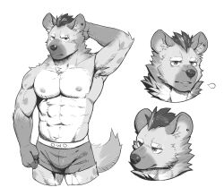 Rule 34 | 1boy, abs, arknights, arm behind head, bara, boxers, bulge, chinese commentary, clenched hand, commentary request, ear piercing, eyebrow piercing, furry, furry male, gr (glinhyena), greyscale, head only, highres, hyena boy, hyena ears, hyena tail, looking at viewer, male focus, male underwear, monochrome, multiple views, muscular, muscular male, nipples, pectorals, piercing, spot (arknights), topless male, underwear, white background