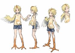 Rule 34 | 1girl, ari hinoko, blonde hair, blouse, blue shorts, claws, closed mouth, commentary request, crest, harpy, highres, looking at viewer, monster girl, multiple views, orange eyes, original, piyoko-chan (kamemaru), shirt, short hair, short shorts, shorts, simple background, white background, winged arms, wings, yellow shirt