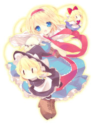 Rule 34 | 1girl, :o, alice margatroid, apron, black dress, blonde hair, blue dress, blue eyes, book, boots, bow, braid, capelet, character doll, chibi, dress, female focus, hair bow, hair ribbon, hairband, hat, jewelry, kirisame marisa, kosuzume, long hair, open mouth, outstretched hand, ribbon, ring, sash, shanghai doll, short hair, solo, string, touhou, wings, witch, witch hat, | |