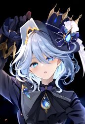 Rule 34 | 1girl, arm up, ascot, black ascot, black background, black gloves, blue bow, blue eyes, blue hair, blue hat, blue jacket, bow, brooch, commentary, furina (genshin impact), genshin impact, gloves, hat, hat bow, head tilt, highres, holding, holding photo, hyurasan, jacket, jewelry, long sleeves, looking at viewer, open mouth, photo (object), short hair, simple background, solo, upper body