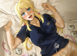 Rule 34 | 1girl, aftersex, ahoge, black bean, blonde hair, blue eyes, blue shirt, blush, breasts, collarbone, condom, cum, cum on body, hachimiya meguru, hair ornament, hairclip, highres, idolmaster, idolmaster shiny colors, large breasts, long hair, looking at viewer, low twintails, lying, on back, open mouth, pillow, polo shirt, shirt, short sleeves, smile, solo, star (symbol), star hair ornament, sweat, twintails, used condom, used tissue