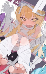 1girl @_@ bandaged_arm bandaged_hand bandaged_leg bandages barefoot blonde_hair blue_archive blush embarrassed feet flat_chest highres long_hair mummy_costume naked_bandage open_mouth solo toes white_background wiersa yellow_eyes yoshimi_(blue_archive) yoshimi_(halloween)_(blue_archive)