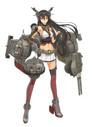 Rule 34 | 10s, 1girl, bare shoulders, black hair, blush, breasts, gloves, japanese clothes, kantai collection, long hair, looking at viewer, miko, nagato (kancolle), navel, personification, red eyes, skirt, solo, standing, thighhighs, thighs, warrior, weapon, white background