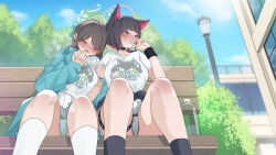 Rule 34 | 2girls, after kiss, airi (blue archive), animal ears, aqua jacket, aqua panties, bench, black choker, black hair, black socks, blue archive, blue sky, blunt bangs, blurry, blurry background, blush, bottle, building, choker, closed mouth, cloud, colored inner hair, crotch, day, grabbing another&#039;s arm, halo, heart, highres, jacket, kazusa (blue archive), lamppost, monobe yuri, multicolored hair, multiple girls, outdoors, panties, pantyshot, park bench, pink hair, pleated skirt, purple eyes, saliva, saliva trail, shirt, short sleeves, sitting, skirt, sky, socks, t-shirt, thighs, tree, two-tone hair, underwear, water bottle, white panties, white shirt, white skirt, white socks, window, yuri