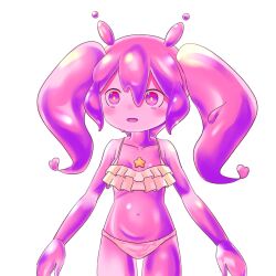 Rule 34 | 1girl, bikini, blush, breasts, cleavage, colored skin, highres, looking at viewer, monster girl, motinmanzyu, navel, pink eyes, pink hair, pink skin, slime girl, small breasts, solo, swimsuit, twintails