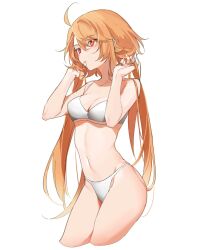 Rule 34 | 1girl, ahoge, bare shoulders, breasts, character request, check character, cleavage, cropped jacket, groin, hair tie, hair tie in mouth, hand in own hair, hands up, highres, long hair, mouth hold, orange hair, original, panties, red eyes, sidelocks, simple background, small breasts, solo, sports bra, tobunchudoku, tobunchudoku, twintails, underwear, white background, white panties