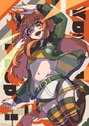 Rule 34 | 1girl, absurdres, animal ears, arm up, bare shoulders, belt, blush, bomber jacket, bow, breasts, brown ribbon, brown thighhighs, commentary request, cowboy shot, crop top, dog tags, ear ribbon, green belt, green jacket, groin, hair between eyes, hand up, highres, horse ears, horse girl, jacket, long hair, long sleeves, looking at viewer, marbow tomato, mayano top gun (umamusume), midriff, multicolored background, navel, one-hour drawing challenge, open clothes, open jacket, open mouth, orange eyes, orange hair, ribbon, shadow, shirt, short shorts, shorts, sidelocks, sitting, small breasts, smile, solo, standing, standing on one leg, thighhighs, thighs, two side up, umamusume, white shorts, yellow shirt, zettai ryouiki