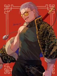 Rule 34 | 1boy, :d, artist name, black jacket, black pants, black shirt, chinese clothes, hidan (naruto), highres, holding, holding scythe, holding weapon, jacket, long sleeves, looking at viewer, male focus, muscular, muscular male, naruto (series), naruto shippuuden, open mouth, pants, red background, red eyes, scythe, shirt, short hair, sleeveless, sleeveless shirt, smile, solo, sunglasses, turtleneck, unno 24, v-shaped eyebrows, weapon, white hair