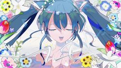 Rule 34 | 1girl, :d, blue flower, blue hair, blue nails, closed eyes, daisy, eyelashes, fingernails, flower, hair between eyes, hands up, hatsune miku, leaf, lily (flower), long hair, mizutani megumi, nail polish, open mouth, red flower, smile, solo, straight-on, twintails, twitter username, upper body, vocaloid, white flower, yellow flower