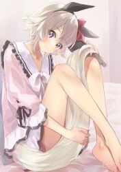 Rule 34 | 1girl, animal ears, bare legs, barefoot, bed sheet, between legs, black hairband, bow, closed mouth, commentary, curren chan (umamusume), ear bow, ech, feet, grey hair, hair between eyes, hair brush, hairband, hand up, head tilt, highres, holding, horse ears, horse girl, horse tail, indoors, knees up, legs, long sleeves, pink shirt, puffy long sleeves, puffy sleeves, purple eyes, red bow, shirt, signature, sitting, skirt, smile, solo, tail, tail between legs, toes, umamusume, white skirt