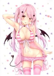 Rule 34 | 1girl, absurdres, arm behind head, arm up, armpits, babydoll, bare arms, bare shoulders, bloomers, breasts, cleavage, closed mouth, clover hair ornament, collarbone, cowboy shot, demon girl, demon tail, demon wings, frills, groin, hair ornament, heart, highres, karutamo, large breasts, lingerie, long hair, looking at viewer, navel, original, pink bloomers, pink hair, pink thighhighs, red eyes, scan, see-through, sidelocks, smile, solo, spade hair ornament, standing, stomach, tail, thighhighs, tongue, tongue out, twintails, underwear, wings
