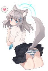 Rule 34 | 1girl, animal ear fluff, animal ears, ass, bad id, bad pixiv id, black skirt, blue archive, blue eyes, blue necktie, blush, cat ears, cat tail, closed mouth, clothes lift, commentary request, cropped legs, cross hair ornament, earrings, from behind, goyain, grey hair, hair ornament, heart, highres, jewelry, looking at viewer, looking back, medium hair, necktie, panties, pleated skirt, shiroko (blue archive), shirt, simple background, skirt, skirt lift, solo, speech bubble, spoken heart, striped clothes, striped panties, tail, underwear, white background, white shirt