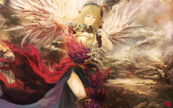Rule 34 | 1girl, angel wings, armor, armored boots, black skirt, blonde hair, boots, breasts, cape, claws, cleavage, closed mouth, commentary, english commentary, closed eyes, feathered wings, fire, foot out of frame, gauntlets, head wings, highres, holding, long hair, medium breasts, pauldrons, ragnarok online, red cape, shoulder armor, signature, skirt, solo, tree, tsunoh, valkyrie, valkyrie randgris, waist cape, white wings, wings