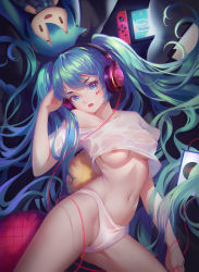 Rule 34 | 1girl, absurdly long hair, absurdres, anniversary, aqua eyes, aqua hair, artist name, artist request, bare legs, blue eyes, blue hair, breasts, character doll, collarbone, female focus, hatsune miku, headphones, headset, heaphones, highres, long hair, looking at viewer, lying, nintendo switch, on floor, panties, parted lips, shirt, small breasts, solo, to person (pixiv7539157), twintails, underwear, very long hair, vocaloid, wet, wet clothes, white panties, white shirt