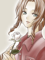 Rule 34 | 1990s (style), 1girl, aerith gainsborough, brown hair, choker, cropped jacket, female focus, final fantasy, final fantasy vii, flower, gradient background, green eyes, long hair, nanjou, plant, ponytail, retro artstyle, solo