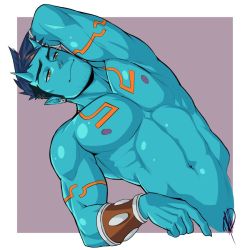 Rule 34 | 1boy, abs, arm up, armpits, bara, blue oni, blue skin, bracelet, colored skin, cropped torso, earrings, facial hair, horns, jasdavi, jewelry, large pectorals, leaning to the side, male focus, multicolored hair, muscular, navel, nipples, oni, oni horns, orange eyes, orange hair, original, oskar (jasdavi), pectorals, pointy ears, red eyes, topless male, short hair, sideburns, solo, streaked hair, stubble
