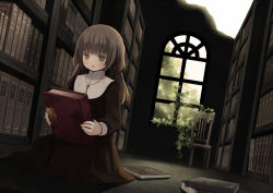 Rule 34 | 1girl, blush, book, bookshelf, brown hair, chair, dutch angle, green eyes, holding, holding book, indoors, jewelry, key, key necklace, library, long hair, necklace, no headwear, nun, on floor, open mouth, original, plant, solo, tozaki makoto, traditional nun, vines, window