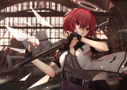 Rule 34 | 1girl, arknights, belt, black belt, black gloves, box, commentary request, exusiai (arknights), faicha, fingerless gloves, gloves, grey shirt, gun, hair between eyes, halo, head tilt, holding, holding gun, holding weapon, jacket, looking at viewer, open clothes, open jacket, partial commentary, penguin logistics logo, pouch, red eyes, red hair, rifle, shirt, short hair, short sleeves, solo, upper body, weapon, white jacket