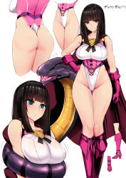 Rule 34 | 1girl, ass, bdsm, blue eyes, bondage, boots, bound, breasts, bright pupils, brown hair, cape, character sheet, coil, commentary request, covered navel, gloves, highleg, highleg leotard, highres, hip focus, ishimiso (ishimura), large breasts, leotard, long hair, looking at viewer, multiple views, original, sleeveless, smile, snake, snake bondage, superhero costume, thong leotard, white leotard