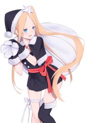 Rule 34 | 1girl, abigail williams (fate), black dress, black gloves, black hat, blonde hair, blue eyes, breasts, dress, fate/grand order, fate (series), forehead, gloves, hair ornament, hat, highres, jilu, long hair, looking to the side, open mouth, parted bangs, sack, santa costume, santa hat, short dress, side ponytail, sidelocks, simple background, small breasts, smile, star (symbol), star hair ornament, thighs, very long hair, white background