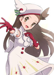 Rule 34 | 1girl, :d, armlet, brown eyes, brown hair, buttons, commentary request, creatures (company), dress, eyelashes, game freak, gloves, gonzarez, happy, hat, highres, jasmine (holiday 2022) (pokemon), jasmine (pokemon), long hair, nintendo, official alternate costume, one side up, open mouth, outstretched arm, pokemon, pokemon masters ex, red gloves, smile, solo, sparkle, spread fingers, tongue, white background, white dress, white hat