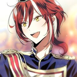 Rule 34 | 1boy, black hat, blue jacket, eichi turnr, ensemble stars!, epaulettes, hat, idol clothes, jacket, looking to the side, male focus, multicolored hair, open mouth, red hair, sakasaki natsume, short hair, smile, solo, white hair, yellow eyes