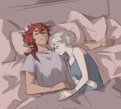 Rule 34 | 0321smith, 2girls, blue camisole, camisole, closed eyes, closed mouth, commentary request, couple, dark-skinned female, dark skin, from above, grey shirt, gundam, gundam suisei no majo, long hair, miorine rembran, multiple girls, pajamas, pillow, red hair, shirt, short sleeves, sleeping, suletta mercury, thick eyebrows, under covers, yuri