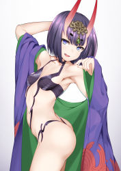 Rule 34 | 1girl, ass, bare shoulders, bob cut, breasts, collarbone, eyeliner, fate/grand order, fate (series), headpiece, highres, horns, japanese clothes, kimono, long sleeves, looking at viewer, makeup, oni, open mouth, purple eyes, purple hair, purple kimono, revealing clothes, short hair, shuten douji (fate), simple background, skin-covered horns, small breasts, smile, solo, white background, wide sleeves, yamachi (xadp7533)