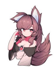 Rule 34 | 1girl, :&lt;, absurdres, animal ears, breasts, brooch, brown hair, cleavage, cropped arms, cropped torso, dress, expressionless, hand in own hair, hh, highres, imaizumi kagerou, jewelry, large breasts, long hair, long sleeves, looking at viewer, off-shoulder dress, off shoulder, red eyes, simple background, solo, tail, touhou, upper body, white background, white dress, wide sleeves, wolf ears, wolf girl, wolf tail