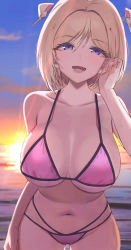 Rule 34 | 1girl, :d, absurdres, aki rosenthal, alternate breast size, backlighting, bare arms, bare shoulders, bikini, blonde hair, blue eyes, breasts, cleavage, collarbone, cowboy shot, hair ornament, hand up, highres, hololive, large breasts, looking at viewer, multi-strapped bikini, navel, open mouth, pink bikini, short hair, smile, solo, standing, stomach, strap gap, string bikini, sunset, swimsuit, twin (tt lsh), virtual youtuber