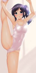 Rule 34 | 1girl, absurdres, athletic leotard, black hair, blue hair, blush, breasts, collarbone, covered navel, flexible, gymnastics, hair ornament, hairclip, hands up, highres, leg up, leotard, medium breasts, minato ojitan, open mouth, original, ponytail, solo, spaghetti strap, split, standing, standing on one leg