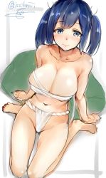 Rule 34 | 10s, 1girl, arm support, arms at sides, bad id, bad twitter id, bare shoulders, blue eyes, blue hair, blush, breasts, cleavage, unworn clothes, collarbone, fundoshi, hair ribbon, isshiki (ffmania7), japanese clothes, kantai collection, kimono, large breasts, looking at viewer, matching hair/eyes, ribbon, sarashi, signature, sitting, solo, souryuu (kancolle), twitter username, two side up, underwear, wariza, wavy mouth, white ribbon