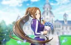 Rule 34 | 1girl, blue flower, blurry, blurry background, bouquet, brown hair, closed mouth, day, floating hair, flower, from behind, hair ribbon, holding, holding bouquet, holding flower, jacket, long hair, long sleeves, looking at viewer, looking back, outdoors, ponytail, purple eyes, purple jacket, ribbon, school uniform, smile, solo, sortiliena serlut, standing, sunlight, sword art online, sword art online: alicization, sword mastery academy school uniform, very long hair, white ribbon