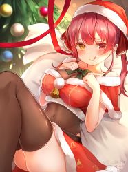 Rule 34 | 1girl, arms up, bad id, bad pixiv id, bare shoulders, bell, blush, bodystocking, bow, breasts, christmas, christmas tree, cleavage, collarbone, commentary, covered navel, green bow, hair ribbon, hands on own chest, hat, heterochromia, highres, hololive, houshou marine, large breasts, leotard, leotard under clothes, long hair, looking at viewer, lying, off-shoulder shirt, off shoulder, on back, ornament, red eyes, red hair, ribbon, santa costume, santa hat, see-through, see-through cleavage, see-through leotard, shirohato nui, shirt, smile, solo, thighhighs, thighs, tongue, tongue out, twintails, virtual youtuber, yellow eyes