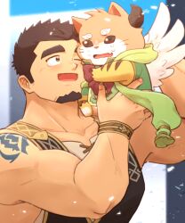 Rule 34 | 1boy, animal, arm tattoo, bara, black hair, bracelet, brown eyes, chimera, collarbone, crave saga, facial hair, goatee, holding, holding animal, horns, jewelry, light particles, male focus, muscular, muscular male, nattukre, one eye closed, open mouth, orto (crave saga), protagonist (crave saga), short hair, smile, tattoo, tearing up, thick eyebrows, wings
