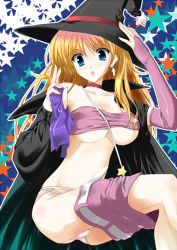 Rule 34 | 1girl, bandeau, blonde hair, blue eyes, breasts, bridal gauntlets, choker, clothes pull, elbow gloves, gloves, hat, large breasts, long hair, panties, pink panties, skirt, skirt pull, solo, star (symbol), strapless, tube top, underboob, underwear, witch hat