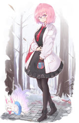 Rule 34 | 1girl, 1other, adapted costume, bag, black dress, black footwear, black pantyhose, buttons, closed mouth, collared dress, commentary, creature, dress, fate/grand order, fate (series), fou (fate), glasses, hair between eyes, handbag, highres, holding, holding bag, jacket, light purple hair, long sleeves, mash kyrielight, melt (ghfla10), necktie, open clothes, open jacket, outdoors, pantyhose, purple-framed eyewear, purple eyes, red bag, red necktie, shoes, short hair, sleeves past wrists, smile, snow, tree, white jacket, winter, winter clothes