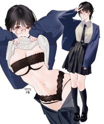 Rule 34 | 1girl, arm up, bandeau, black bandeau, black footwear, black hair, black necktie, black panties, black skirt, black socks, blue sweater, bra, breasts, cleavage, clothes lift, collared shirt, glasses, highres, hitomi o, lace, lace bra, lace panties, large breasts, medium breasts, multiple views, necktie, original, panties, photoshop (medium), pleated skirt, shirt, shirt lift, shirt tucked in, shoes, simple background, skirt, sleeves past wrists, socks, sweater, underwear, v, white background, white shirt