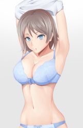 Rule 34 | 1girl, armpits, arms up, blue bra, blue eyes, blue panties, bra, breasts, cleavage, commentary request, cowboy shot, gradient background, grey hair, highres, looking at viewer, love live!, love live! sunshine!!, medium breasts, panties, shaito, short hair, solo, underwear, underwear only, undressing, watanabe you