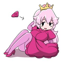 Rule 34 | 1girl, commentary, crown, dress, gabyo nuno, high heels, looking at viewer, mario (series), nintendo, personification, pink hair, pink legwear, sitting, solo, super crown, super mario world, white background