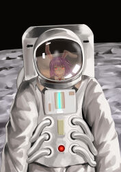 Rule 34 | 1girl, 1other, absurdres, ailu elf, animal ears, astronaut, chinese commentary, closed mouth, commentary request, full moon, helmet, highres, long hair, moon, on moon, outdoors, pov, purple hair, rabbit ears, rabbit girl, red eyes, reflection, reisen udongein inaba, space, space helmet, spacesuit, touhou, upper body