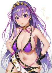 Rule 34 | 10s, 1girl, absurdres, bare shoulders, bb (fate), bb (fate) (all), bb (swimsuit mooncancer) (fate), bb (swimsuit mooncancer) (second ascension) (fate), bead bracelet, beads, belt, bikini, black gloves, black shorts, blush, bracelet, breasts, cleavage, collarbone, curvy, earrings, fate/extra, fate/extra ccc, fate/grand order, fate (series), fingerless gloves, gloves, hair between eyes, hair ribbon, hands on own hips, highres, hip focus, jewelry, large breasts, long hair, looking at viewer, micro shorts, navel, purple bikini, purple eyes, purple hair, purple ribbon, ribbon, shiny skin, short shorts, shorts, smile, solo, star (symbol), star earrings, swimsuit, tan, thighhighs, tiara, tongue, tongue out, white belt, wide hips, yayoichi (yoruyoru108)