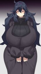 Rule 34 | 1girl, alternate breast size, black dress, black hair, blue eyes, blush, breasts, chamchami, closed mouth, clothes grab, creatures (company), dress, game freak, gradient background, hair between eyes, hairband, hex maniac (pokemon), highres, huge breasts, long hair, long sleeves, looking at viewer, nintendo, pokemon, pokemon xy, solo, standing, sweater, thick eyebrows, turtleneck, turtleneck sweater